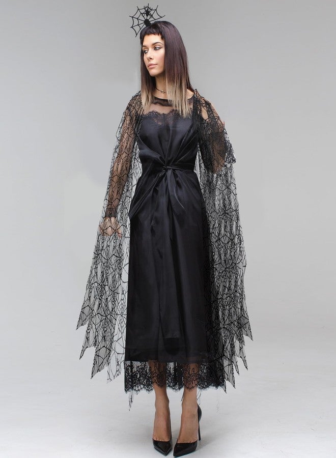 Funnysoft Womens Halloween Spider Web Cape Costume Black Lace Poncho Vampire Witch Hooded Cloak for Halloween(44.5 Inches) - Image 5